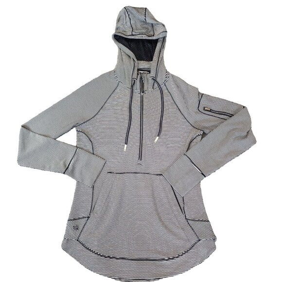Athleta Hoodie Women's‎ XS Black White Striped Quarter Zip Sweater Pockets - Picture 1 of 10
